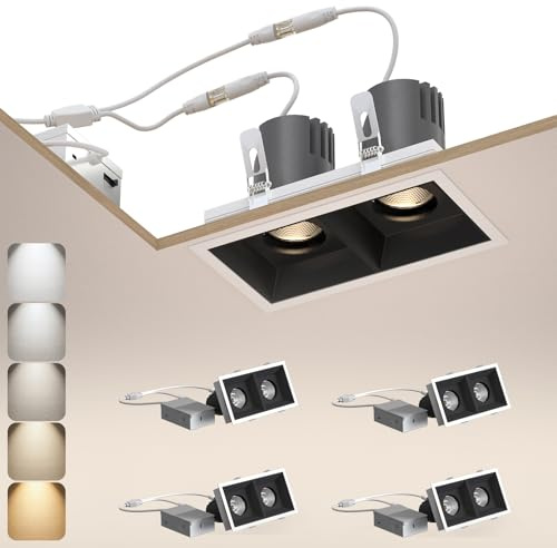 LED Square Recessed Lighting 4 Pack, 20W Adjustable Downlight, Aluminum Recessed Ceiling Light with junction Box, 5 CCT 2700K-6000K, TRIAC Dimming Rotation Spotlight for Living Room Bedroom Hallway