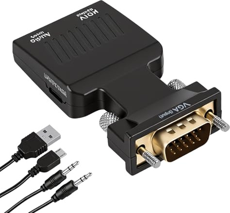 Adaptador VGA a HDMI con Audio 1080P, Convertidor Activo VGA Macho a HDMI Hembra para PC Portátil Antiguo a TV Monitor Proyector, Incluye Cable 3,5mm y Alimentación USB, Conversor Analógico a Digital