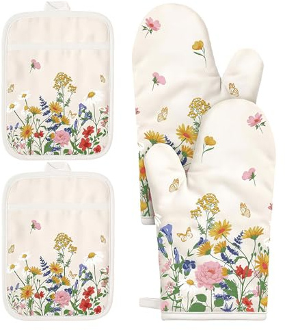 Ruispeed 4-Teiliges Set aus Ofenhandschuhen und Topflappen, Resistenti al Calore Guanti da Cucina in Cotone con Motivo Floreale, Set con asola per Cucina in Stile Country Primaverile