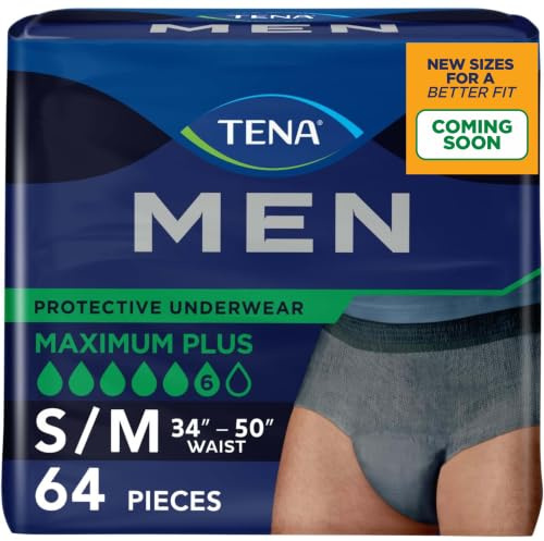 TENA Men Maximum Plus Incontinence Underwear, Small/Medium 34-50in, 64 ct