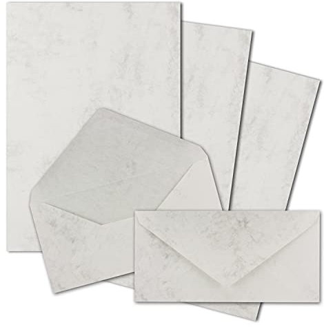 25x Briefpapier Set DIN A4 mit DIN Lang Briefumschlägen, Nassklebung - Grau Marmoriert - mattes Schreibpapier mit Kuverts - FarbenFroh by GUSTAV NEUSER