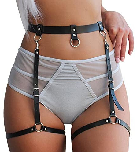 Damen Punk Leder Körperkette Sexy Einstellbare Taillenkette Schwarz Bein Strumpfband Gürtel Gothic Schelling Kette Körperzubehör für Frauen