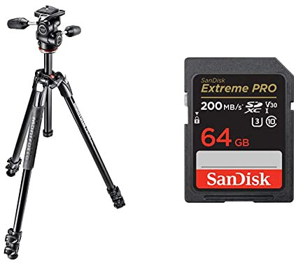 Manfrotto 290 Xtra - Kit trípode de 3 Secciones y rótula 3 Way (Aluminio), Negro & SanDisk Tarjeta SDXC Extreme Pro de 64 GB + RescuePRO Deluxe, hasta 200 MB/s, UHS-I, Clase 10, U3, V30