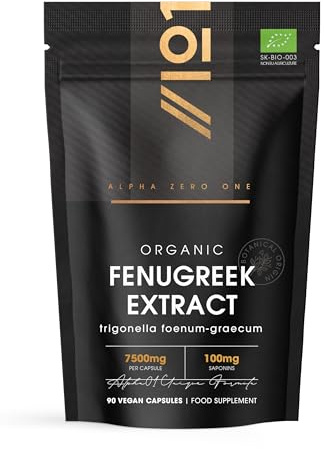 Organic Fenugreek Extract 7500mg - High Strength 20% Saponins (100mg) Supplement - 90 Vegan Capsules (3 Months Supply) - Resealable and Recyclable Pouch - By Alpha01