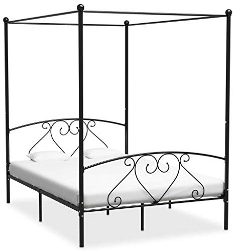 Homgoday Cama con dosel negro de metal 140 x 200 cm, cama con marco de cama, estructura de cama, estructura de cama, estructura de cama, estructura moderna, cama de matrimonio, cama con láminas para