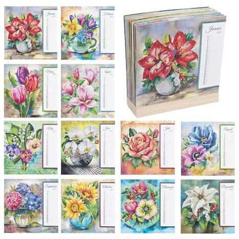Ideen mit Herz Diamond-Painting-Kalender | zum Aufstellen | 21 x 21 cm | für Kalenderjahr 2024 & 2025 | inkl. Diamond Painting Zubehör und Holzständer (Blumen)