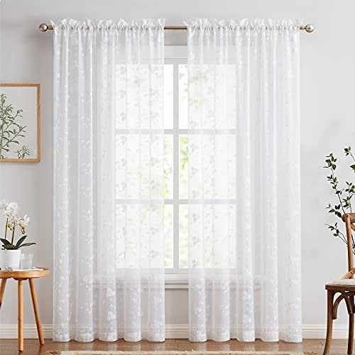 TOPICK Weiß Sheer Vorhänge 2er Set H 245 x B 140 (cm) für Wohnzimmer Bestickte Voile Fenster Vorhänge mit Floral Design lichtdurchlässig Gardinen für Schlafzimmer Fenster