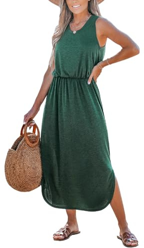CUPSHE Robe d'été pour femme en maille, col rond, sans manches, robe d'été décontractée avec fente latérale, robe de plage midi, vert, S