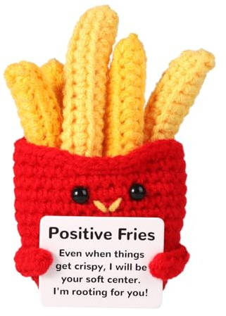 lasuroa Funny Positive Fries, 3.94 Inch Creative Cute Wool Crochet Doll Knitted Toy with Positive Card Emotional Support Gift for Friends Kids Holiday Birthday Decor Encouragement