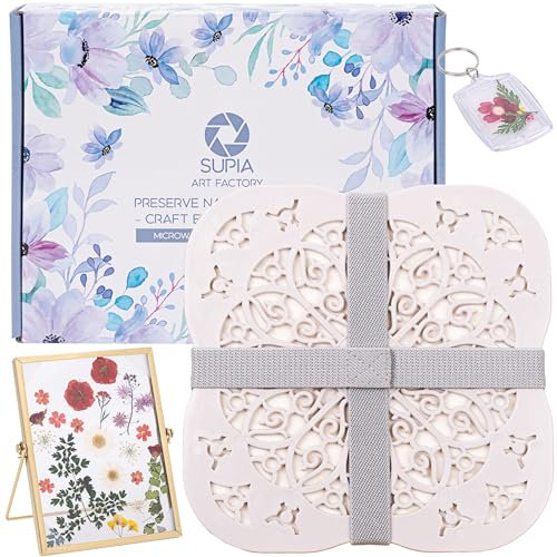 SUPIA Mikrowellen-Blumenpresse-Set, schnelles Trocknen von Blumen, Pflanzenpresswerkzeug mit Fotorahmen-Schlüsselanhänger, DIY-Blumenpress-Set für Erwachsene und Kinder, Blumenkunst, Geschenk, Beige