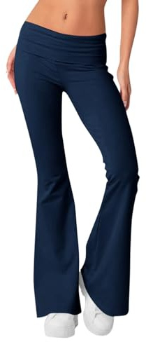 Leggings da donna a vita bassa con piega, larghi, in morbido cotone, pantaloni da yoga, leggings elasticizzati, joggers Y2k, per palestra, blu navy, XS