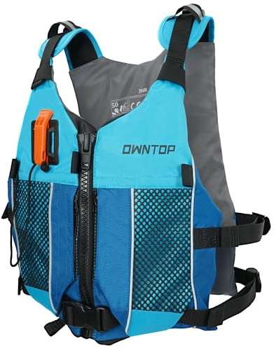 Owntop Aides à la Flottabilité pour Adultes et Adolescents avec Pack Hydratation, Sifflet et Poches Double Filet, Ajustable Gilet de Natation pour Le Paddle, Kayak, Pêche (Bleu, Adolescent-XXS)