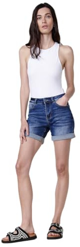 Koroshi Short Vaquero Mujer Denim Push up con bajo de Doble Vuelta y Logo con Brillos, Color Azul OSC/Dark Blue, Talla 36