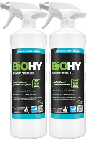 BiOHY Nettoyant pour vélo (2 x 1 litre) + tête de pulvérisation | Mousse très efficace | Biodégradable | Idéal pour les vélos électriques et tous les vélos | Spray de nettoyage