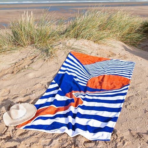 Anne de Solène - Drap de Plage Outlet - Éponge Double Face Velours & Bouclette Coton Peigné 450 GR/m² - Collection Lointain 100x170 cm - Blanc Bleu Orange - Motif Sunset - Lavable à 60°C