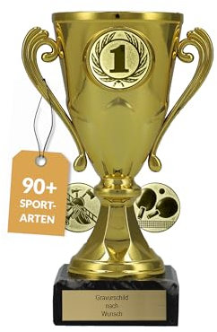 pokal-fabrik.de - Pokal mit Gravur Wunschtext in Gold - personalisiertes Geschenk & Sportemblem nach Wahl - 15 cm inkl. Marmorsockel - Geschenk-Trophäe | Pokal Kinder