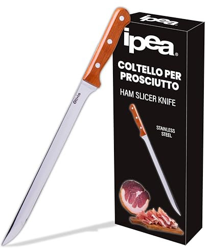 IPEA Coltello per Prosciutto e Carne con Lama Lunga in Acciaio Inox - 38 CM - Coltello Affilato per Taglio Preciso di Salumi, Barbecue, Crudo, Affettato - Coltello da Cucina con Manico in Legno -