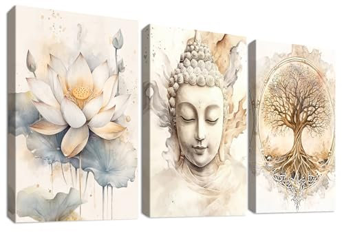 3Pcs Cadre en Bois Impression sur Toile Arbre de Vie Bouddha Tableau Image sur Toile Bouddhisme Zen Fleur de Lotus Beige Peinture Tableau Decoration Murale Salon Chambre Salle de Bain 30x40cm x3