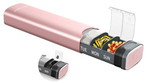 Weekly Pill Boxes 7 Day 1 Times A Day,Serfeymi Metal Pill Organiser(Spare Gasket Provide),Travel Tablet Dispenser,Daily Pill Case,Dosette Box,Medicine Holder for Medication,Supplement(Indiv Lid)-Pink