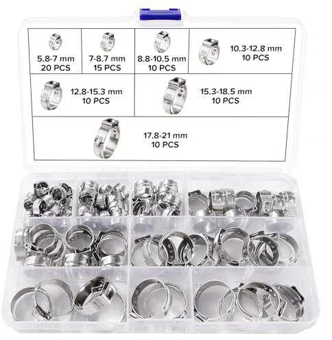 Lyeteung 85 Pièces 7 Tailles 5.8-21 mm Oreille Simple Tuyau Colliers de Serrage Réglable, Collier de Serrage en Acier Inoxydable à Simple Oreille, pour Plomberie et Utilisation Automobile
