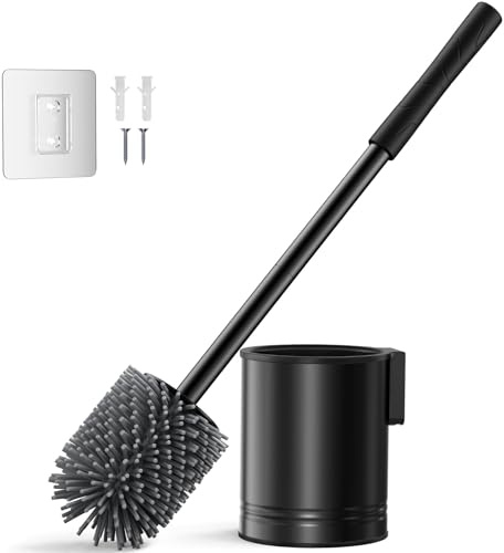 HAMITOR Klobürste Silikon Edelstahl - Toilettenbürste Schwarz Wandmontage - ein Ohne Bohren einfache reinigung- Edelstahl Wc Bürste Langlebig und Rostfrei - mit schnell trocknendem halter Badmöbel Set