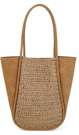 AFKOMST Bolso de paja para mujer, bolso de hombro, bolso de playa, verano | Elegante bolso de paja para mujer con aspecto trenzado, cierre magnético y mucho espacio para vacaciones y ocio
