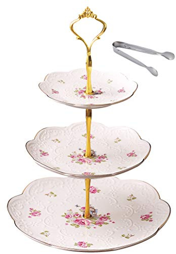 Jusalpha® Elegant Embossed 3-tier Ceramic Cake Stand- Cupcake Stand- Tea Party Pastry Serving Platter in Gift Box and a Free Sugar Tong (FL-Stand 03)