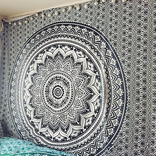 Popular Handicrafts Arazzo da appendere al muro, in tessuto ombré, stile hippie, bohémien, psichedelico, design indiano, copriletto, 140 x 210 cm, nero e grigio