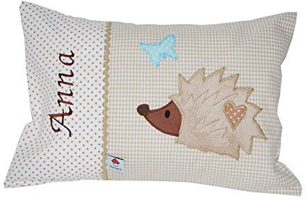 Glückspilz Namenskissen Babykissen I Igel I mit Namen personalisiert I Geschenk zu Geburt, Taufe oder Geburtstag I Beige Braun (25 x 35 cm)