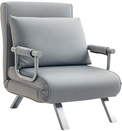 HOMCOM Single Chair Bed, Click Clack Convertible Bed Settee, Modern Faux Suede Upholstered Lounge Couch with Pillow for Living Room, Guest Room, Light Grey