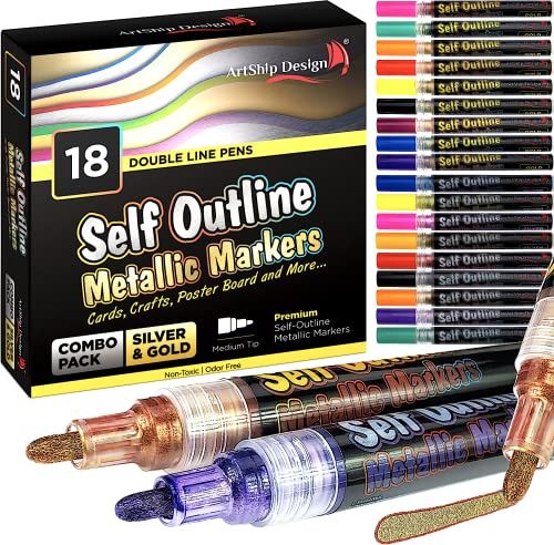 ArtShip Design 18 Gold & Silver Self Outline Metallic Shimmer Paint Pen Combo Pack Extra Large Barrels Permanent Double Line Markers Journal Pens, Scrap Booking, Cards, DIY Crafts, Posters, Cards