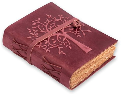 LÄDER VILLAGE Livets träd dagbok - 15 x 10 cm (A6) cm - fuchsia - 200 antik däckkant handgjort papper - Book of Shadows - Vintage läderbunden dagbok för kvinnor och män