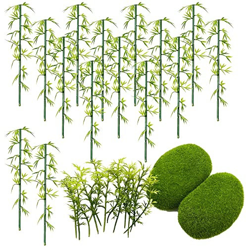 Woohome Model Bamboo Trees, 30 PCS Miniature Bamboo Trees Landscape Green Plastic Bamboo Trees and 2 PCS Artificial Moss Rocks Fake Moss Rocks for Home Decoration, Fairy Gardens