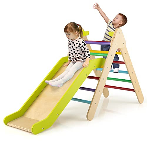 DREAMADE 2 in 1 Kletterdreieck mit Rutschbrett, Indoor Klettergerüst, Holzdreieck Sprossendreieck Klettergerät Kletterspielzeug aus Holz für Kinder ab 1 Jahre (Bunt)