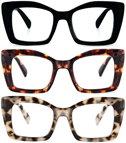 REAVEE 3 Pack Oversized Square Reading Glasses for Women, Blue Light Blocking Large Frame Computer Designer Fashion Readers with Spring Hinge (Black/Tortoise/Grey Tortoise,2.0)
