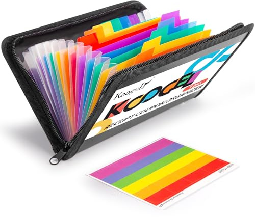 Koogel Expanding File Folder, 13 Pockets Small Accordion File Holder Organizer with Labels for Receipt Cards, Document, Zipper Closure, Bill Business, Coupons Storage, Classroom, 8.3X5.1 Inches, Black