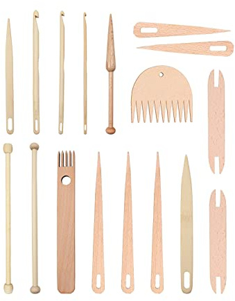 zasrtic Lot de 17 bâtons de métier à tisser en bois, comprenant une navette en bois, un bâton à tricoter en bois, une aiguille à crochet, un peigne à tisser en bois pour le bricolage et le tissage