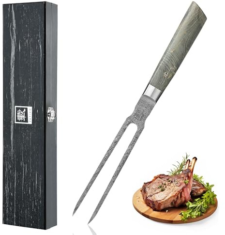 zayiko Professional Series Damast Fleischgabel 18 cm Klinge gefertigt aus 67 Lagen Damaststahl I Tranchiergabel und Grillgabel mit Ahornholzgriff in edler Holzbox
