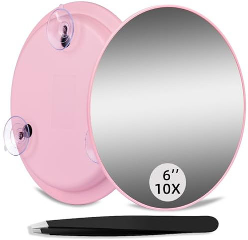 JJhxr 10X Makeup Magnifying Mirror, Round 6inch Travel Magnified Mirror with 3 Suction Cups Mounting, 10X Handheld Travel Magnification and Tweezers Kit, Use for Blackhead/Blemish Removal