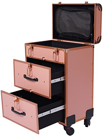 Valigia per trucco professionale con ruote rotanti a 360°, con cassetti e serratura, 36 x 23 x 58 cm, oro rosa, Valigia cosmetica con ruote
