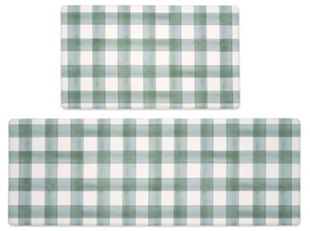 FRESHMINT Modern Farmhouse Plaid 2 Piece Set Kitchen Mats for Floor Anti Fatigue Waterproof & Non-Skid Kitchen Rugs Cushioned Kitchen Mat for Standing Washable Comfort Desk Kitchen Runners