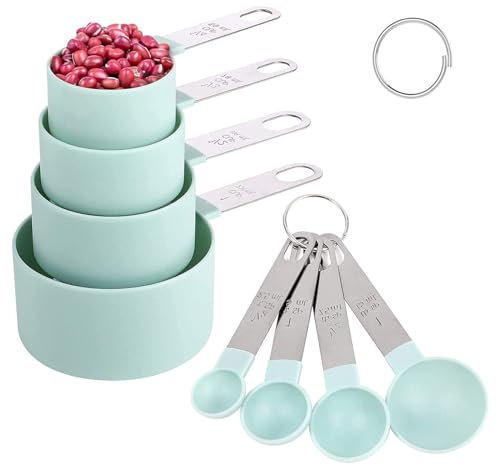 Messlöffel Set,Gramm Measuring Cups and Spoons Set, Messlöffel set 8 Teiliges Set, Kunststoff Messbecher und löffel mit Edelstahlgriff, Messwerkzeug für Flüssigkeiten und Feststoffe, Blau