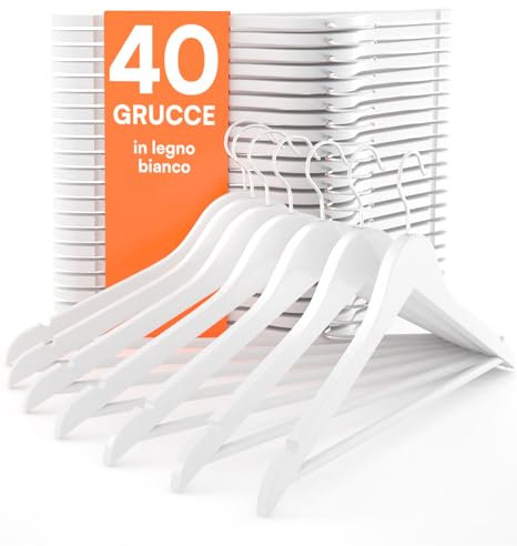 40 Grucce Appendiabiti in Legno Bianco per Vestiti Abiti Giacche Camicie - RealGruccia Barra porta Pantaloni Tacche Antiscivolo e Gancio Girevole 360° - Finitura Lucida e Profilo Smussato - 22x45cm