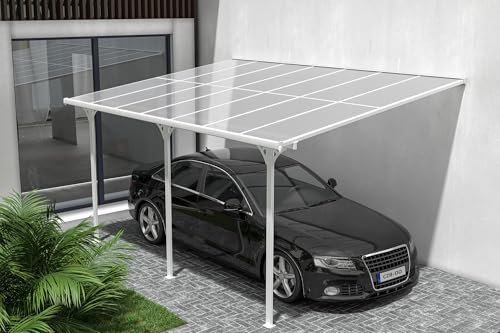 CAZEBOO Abri Voiture Aluminium KLEO 4,5x3m Blanc – Toit Terrasse Pergola Adossée 13,5m² – Toiture Polycarbonate Transparent UV30+ – Protection Soleil Pluie – Solide Anticorrosion – Montage Facile