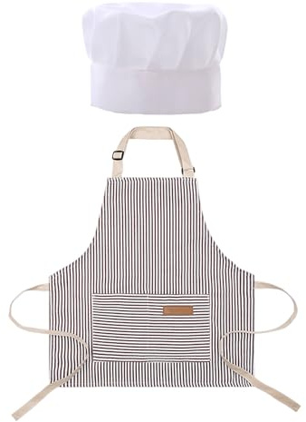 CQQNIU 1 Apron & Chef Hat Set for Kids, Gray & White Striped, Adjustable, Anti-Dirty, Kitchen Apron