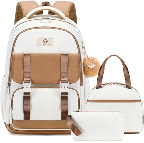 AO ALI VICTORY School Backpack for Girls Women 15.6 Inch Laptop Backpacks College Bookbag Cute Kids Elementary Middle High School Bag with Lunch Box Set for Teens Students Travel Daypack, Brown Set