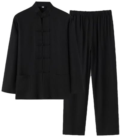 OLSKFUH Kung-Fu-Kampfsportanzug, Jacke Und Hose – Herren-Tang-Anzug, Chinesische Leinen-Tai-Chi-Kleidung, Langärmeliges Herrenhemd,Black-4X-Large