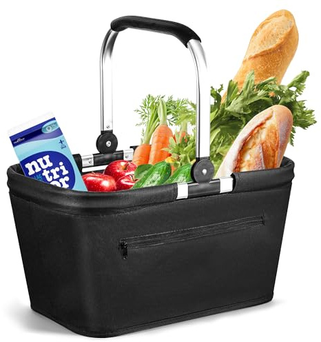 Panier de Courses Pliable 25 L,Panier de Transport Robuste et Panier Pique Nique(43 x 28 x 23 cm) Ce Baskets avec poignées rembourrées et Cadre en Aluminium, pour Les Courses (Noir)