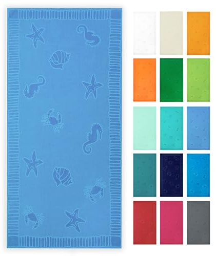 ZOLLNER Telo mare 100x200 cm - asciugamano da spiaggia delicato sulla pelle e super assorbente - lavabile fino a 60°C - 100% cotone - azzurro con design con animali marini - certificato Oeko Tex (R)