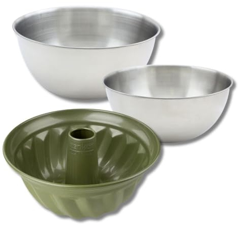 Zenker 9368750 Set 4 pièces Moule à Kouglof 25 cm, Antiadhésif ILAG et Cire de Carnauba, 2 Bols à Mixer en Acier Inoxydable 20,5 et 25 cm, Spatule à Pâtisserie Silicone, Vert, Inox, Rose